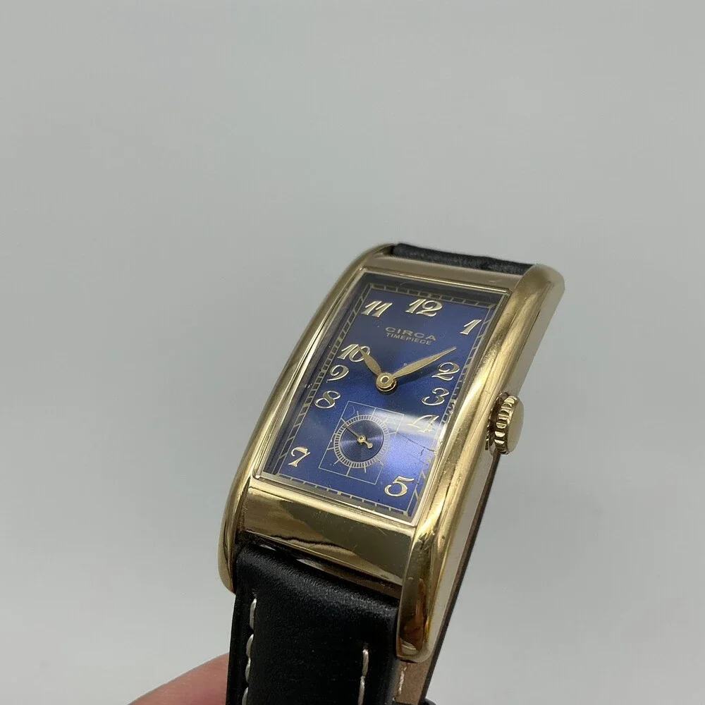 Circa Watch Company Mens Watch 24mm Blue Dial Gold Plated Leather New Battery